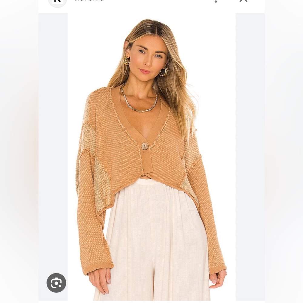 Free People Cropped V-Neck Button Sweater Cardigan in Camel